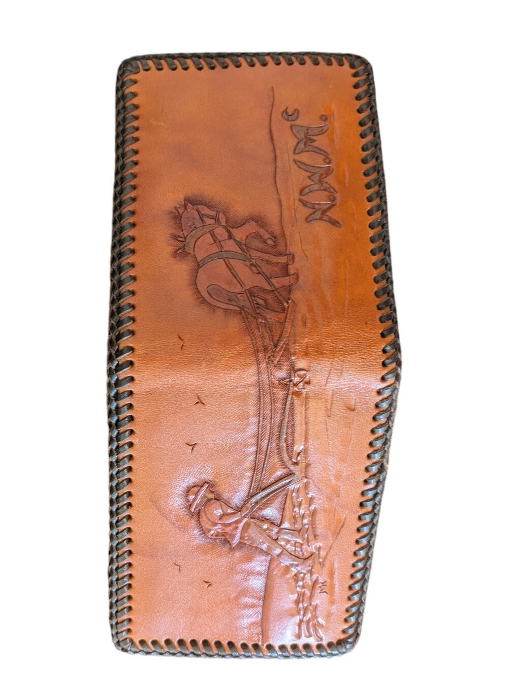 Hand-Tooled Vintage Leather Bi-fold Wallet with Horse & Plow Scene - Tan